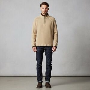 Peter Storm Vintage Men's Tan Cozy Sweater with Brown Trim size XL